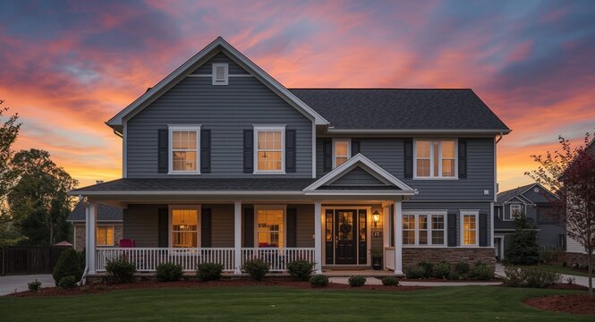 Horizontal vinyl siding and decorative fascia on a modern home beneath a colorful sunset