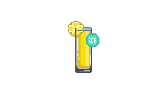 Pixel Art Yellow Cocktail Animation with Bouncing ICE Icon, 4K Seamless Loop
