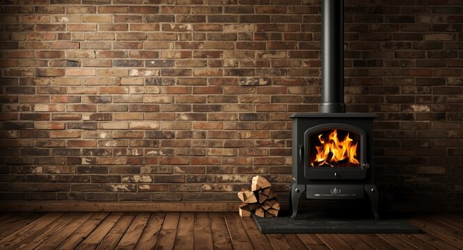 Firewood cooking fire in wood stove illuminated by brick wall behind
