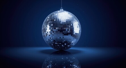Obraz premium Night event flyer with sparkling silver disco ball on a deep blue starry minimalist background