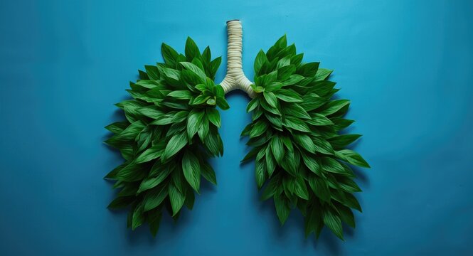 Fresh green tropical foliage arranged as human lungs on a blue panel background with copy space