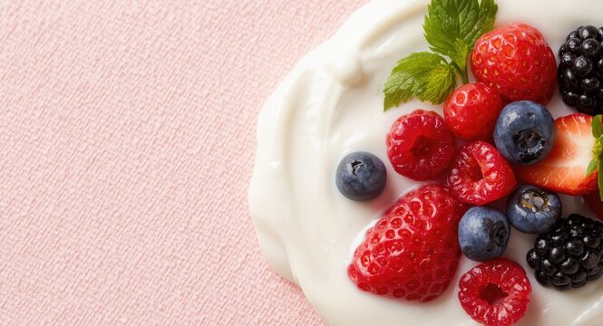 Detailed close up of creamy yogurt decorated with handcrafted berries on a light pink textured surface