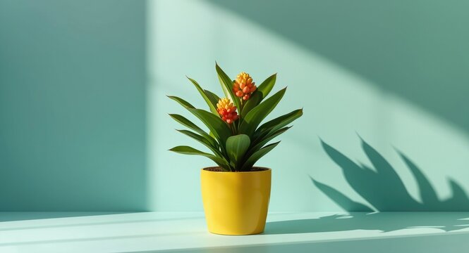 Lively Schubert Aechmea Bromeliad with orange berries in sunny yellow pot set on teal background