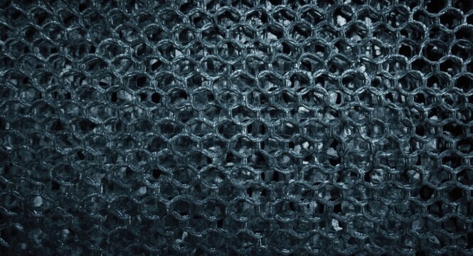 Grey composite grille presenting round mesh pattern resembling chainlink or wire fencing