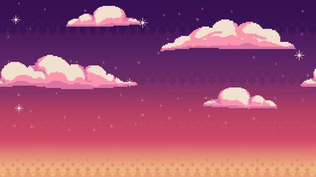 Retro Sunset 8-Bit Pixel Art Background &ndash; Dreamy Gradient Sky with Clouds and Stars, Game Style Landscape Animation