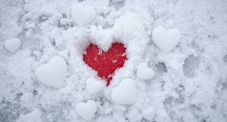 Fototapeta premium Snow covered ground featuring vibrant red heart and multiple white hearts for winter romance