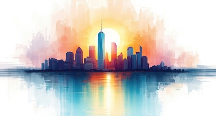 Obraz premium Energetic skyline artwork highlighting shining sun and watery reflections amid urban geometric forms