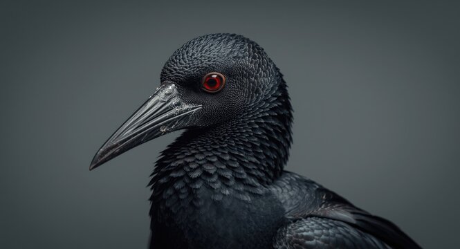 Sharp portrait of a black Frigate bird with distinct red eyes and textured plumage