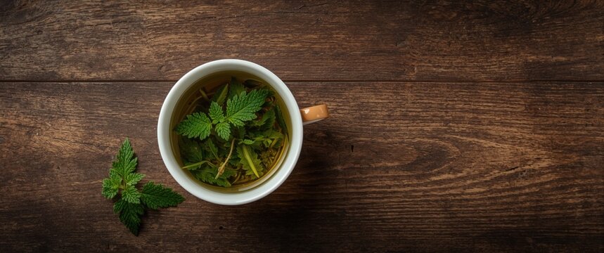 Flat overhead photo of herbal tea with nettle leaves in a cup set on a textured wooden table
