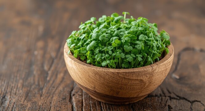 Natural wooden bowl filled with fresh cilantro microgreen shoots