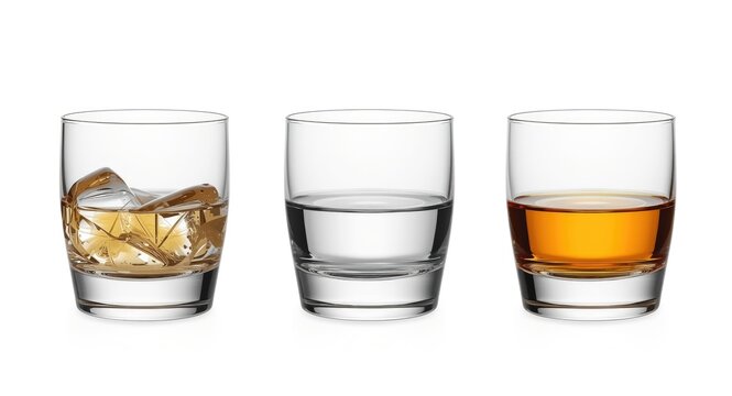 isolated clear glass cups for water wine and brandy set against white background