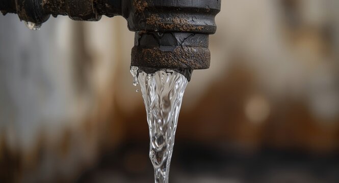 Detailed photo of water flowing from an outdated pipe highlighting plumbing faults with a softly blurred room and copy space