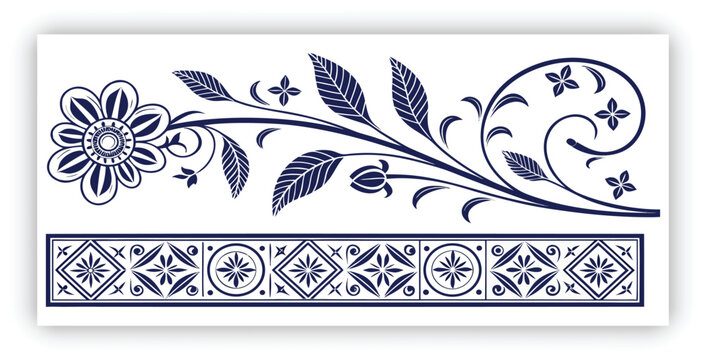Traditional Chinese porcelain floral pattern, cobalt blue and white color palette, intricate flowers and vines, seamless decorative pattern set, square tiles, circular plate frame with greek key borde