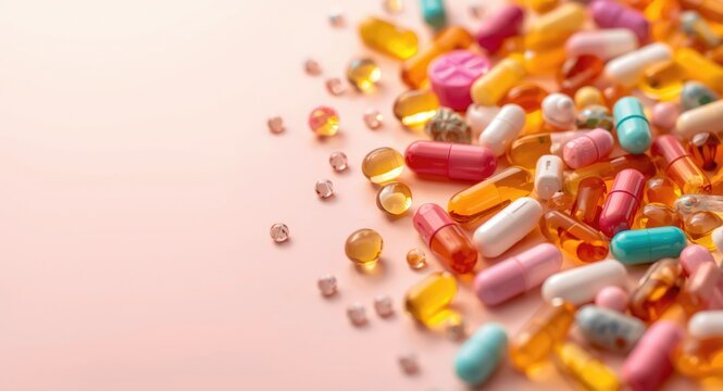Health and wellness illustrated with a dynamic macro background featuring vibrant vitamin tablets and capsules