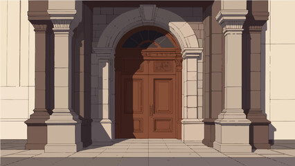 Fototapeta premium Classical stone building entrance with arched wooden door and columns vector illustration
