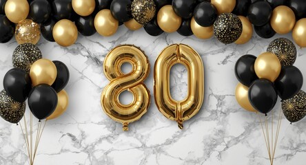 Obraz premium Luxurious 80th birthday balloons in black and gold positioned on a marble backdrop with generous copy space