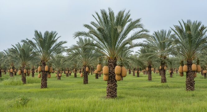 Pine trees flourishing with hanging pineapple clusters in open field