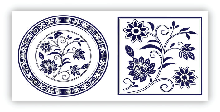 Traditional Chinese porcelain floral pattern, cobalt blue and white color palette, intricate flowers and vines, seamless decorative pattern set, square tiles, circular plate frame with greek key borde