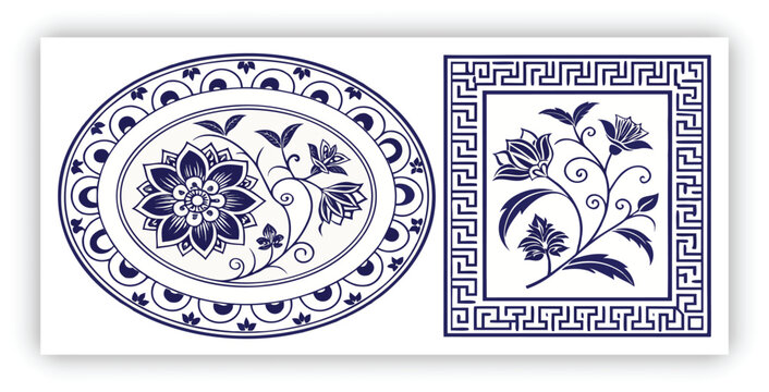 Traditional Chinese porcelain floral pattern, cobalt blue and white color palette, intricate flowers and vines, seamless decorative pattern set, square tiles, circular plate frame with greek key borde