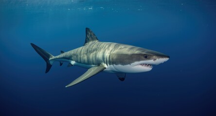 Naklejka premium Regal great white shark swimming calmly in expansive deep sea habitat
