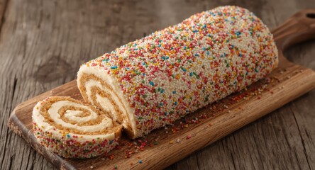 Fototapeta premium Appetizing cake roll filled with bright cream and frosted with sprinkles presented on a rustic wood tray