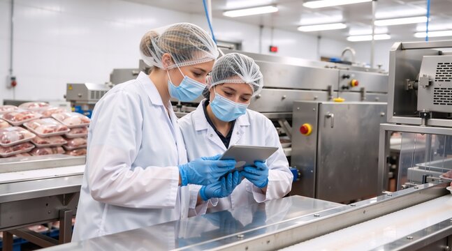Two female workers in protective gear using a tablet in a food processing plant. Quality control inspectors checking meat production line. Teamwork and industrial safety concept