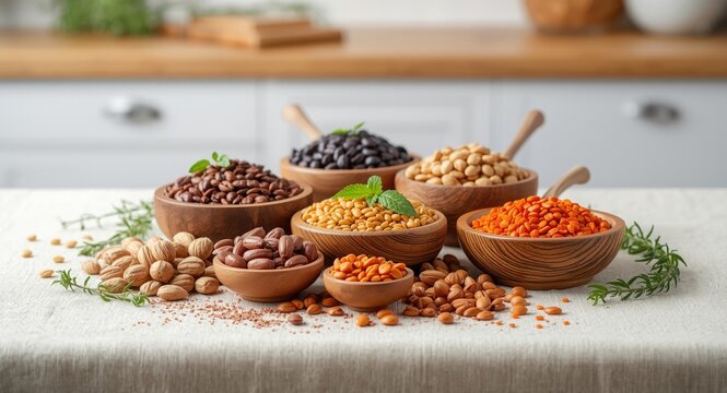 Range of nutritious plant proteins highlighting beans nuts and other wholesome items