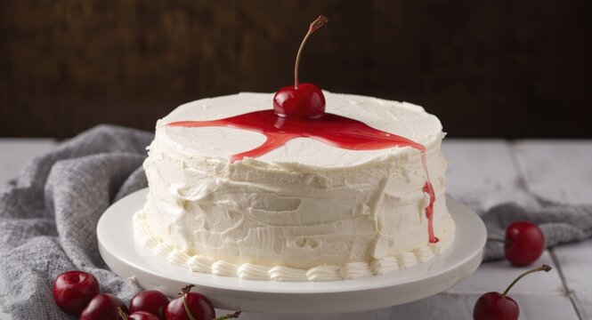 Butter cream cake with a vivid cherry as finishing touch