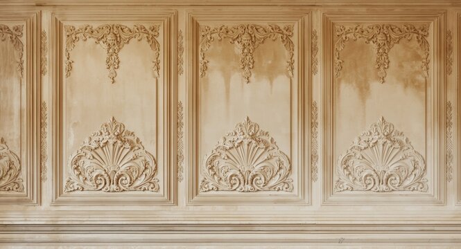 Interior wall featuring intricate stucco moldings and decorative plasterwork