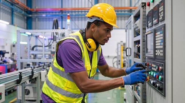 Male industrial worker operating a control panel in a factory. African American technician in safety gear working on manufacturing equipment