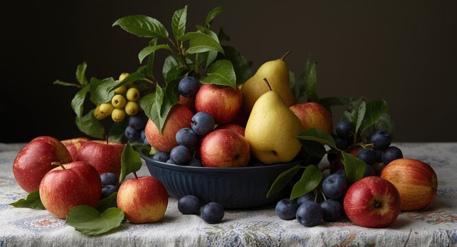 Late summer fruit bounty featuring apples pears and plums artistically arranged on a table