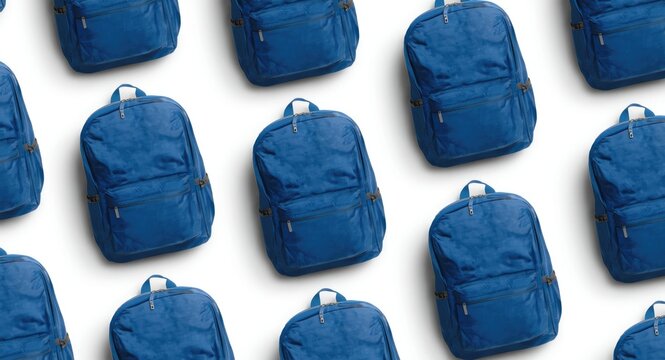 Set of school backpack mockups showing diverse blue color designs on white background