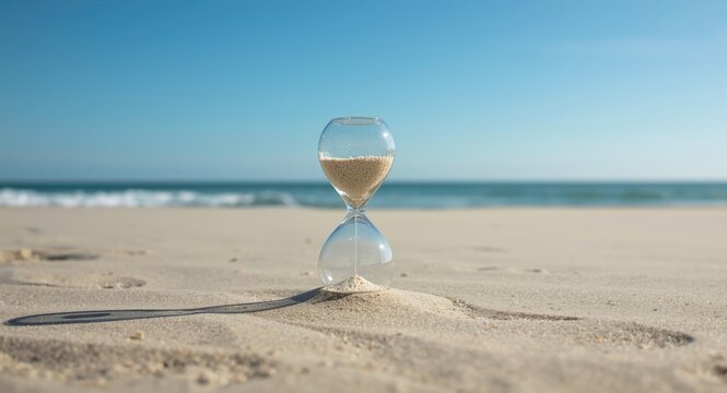 Seaside setting with hourglass resting on sand under open blue sky and copy space