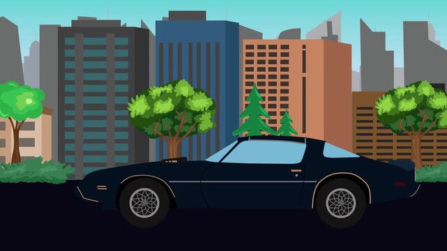 Animation of cartoon retro car driving on the street, city background