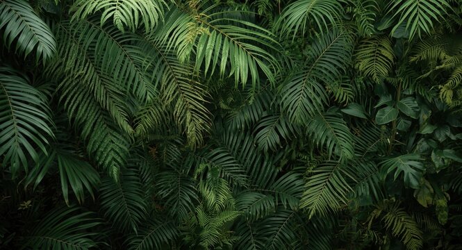Lush jungle plant wall featuring fern fronds and sunlight beams for natural backdrop