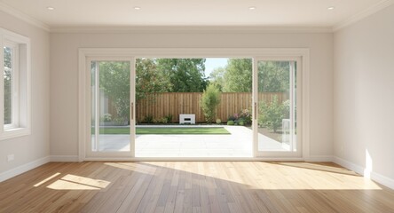 Fototapeta premium Bright and airy living room with sliding glass doors opening to outdoor patio and backyard copyspace for text