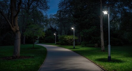 Fototapeta premium Pathway in a park lit by solar powered eco friendly street lamps
