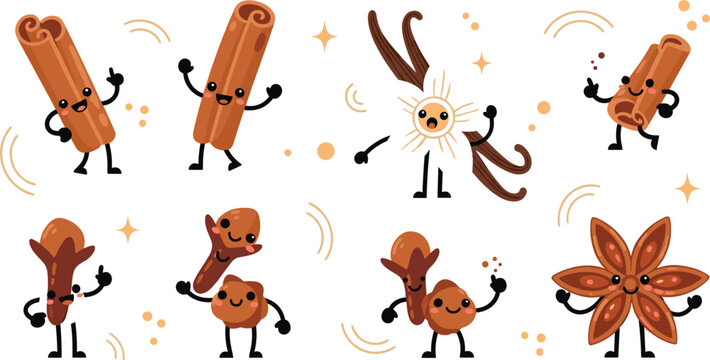 Cute spice characters set with cinnamon vanilla cloves and star anise kawaii cartoon style isolated on white background
