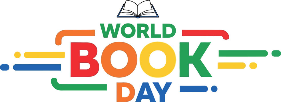 Colorful world book day logo with text and lines