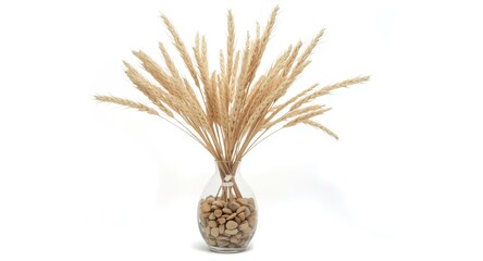 Fototapeta premium Simple dried ears and sheaf arrangement in a pebble filled vase isolated on copy space