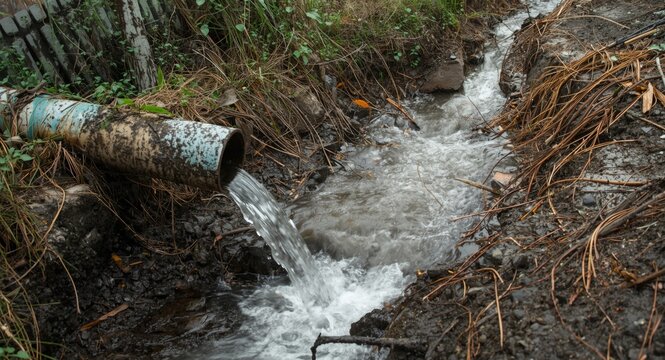Polluted water flowing from pipe into urban drainage channel