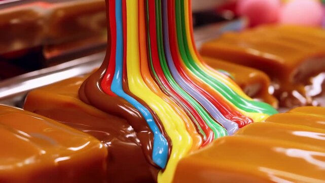 Slow motion tracking zoom pan close up of colorful icing pouring and coating caramel candies on tray in kitchen production setting