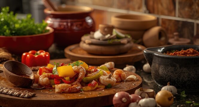 Holiday kitchen preparing shrimp mole romeritos along with vegetable medley