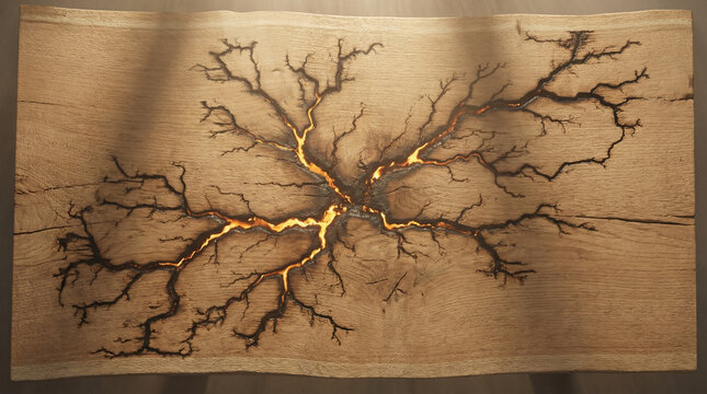Lichtenberg Lightning Fractal Burn Pattern Raw Wood Ultra-Wide Overhead Macro Golden