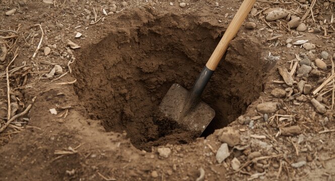 Round hole dug in earth with a shovel and copy space for text placement