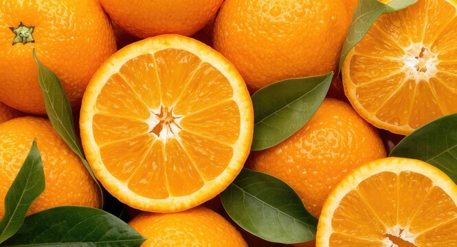 Fresh orange wedge exposing vibrant succulent flesh amidst ripe oranges and green leafy adornments