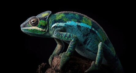Fototapeta premium A panther chameleon with intense vibrant coloring active during nighttime darkness