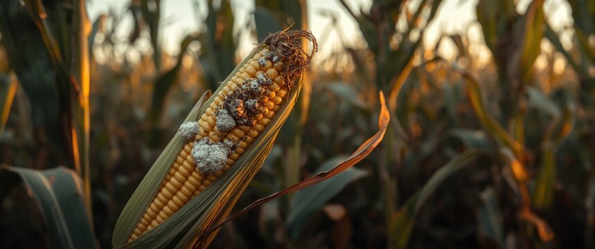 Agricultural corn ear with fungal mold and aflatoxin contamination due to insect infestations in field