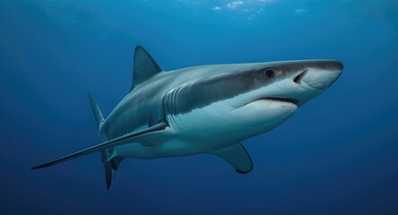 Obraz premium Side view portrait of a blue shark emphasizing detailed biological patterning in aquatic habitat