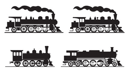 Obraz premium Steam Locomotive Silhouettes Vintage Train Icons Set for Railway Transport and Industrial Design